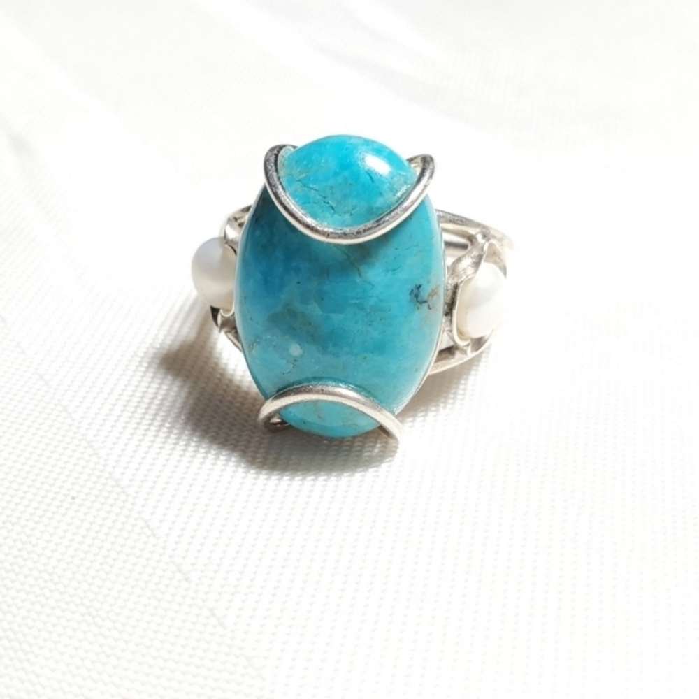 925 Sterling Silver Solitaire Turquoise Pearls Ring Sz 7.5